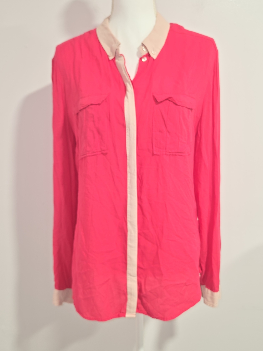 Anthropologie Maeve Two-Tone Button-Front Blouse in Coral and Cream Women SZ 12